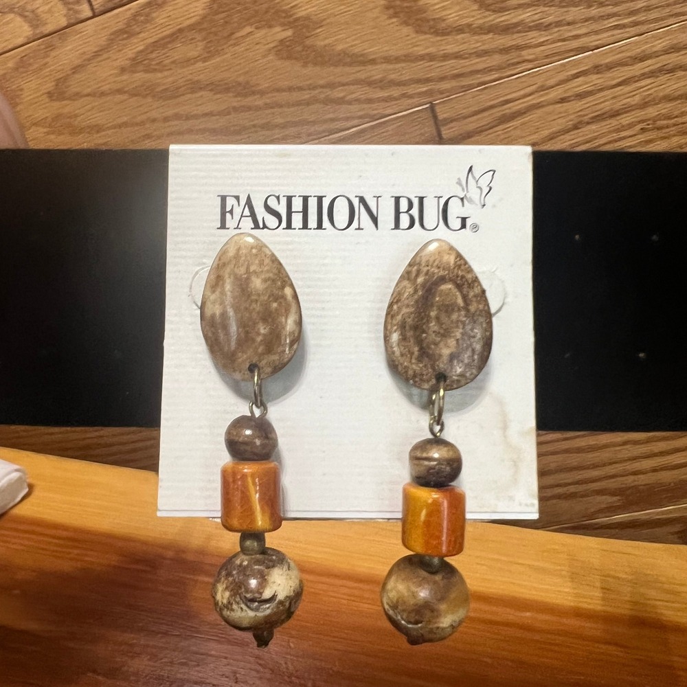 Vintage NEW Fashion Bug Dangle Earrings Brown‎ Tan Polished Stone Y2K Boho